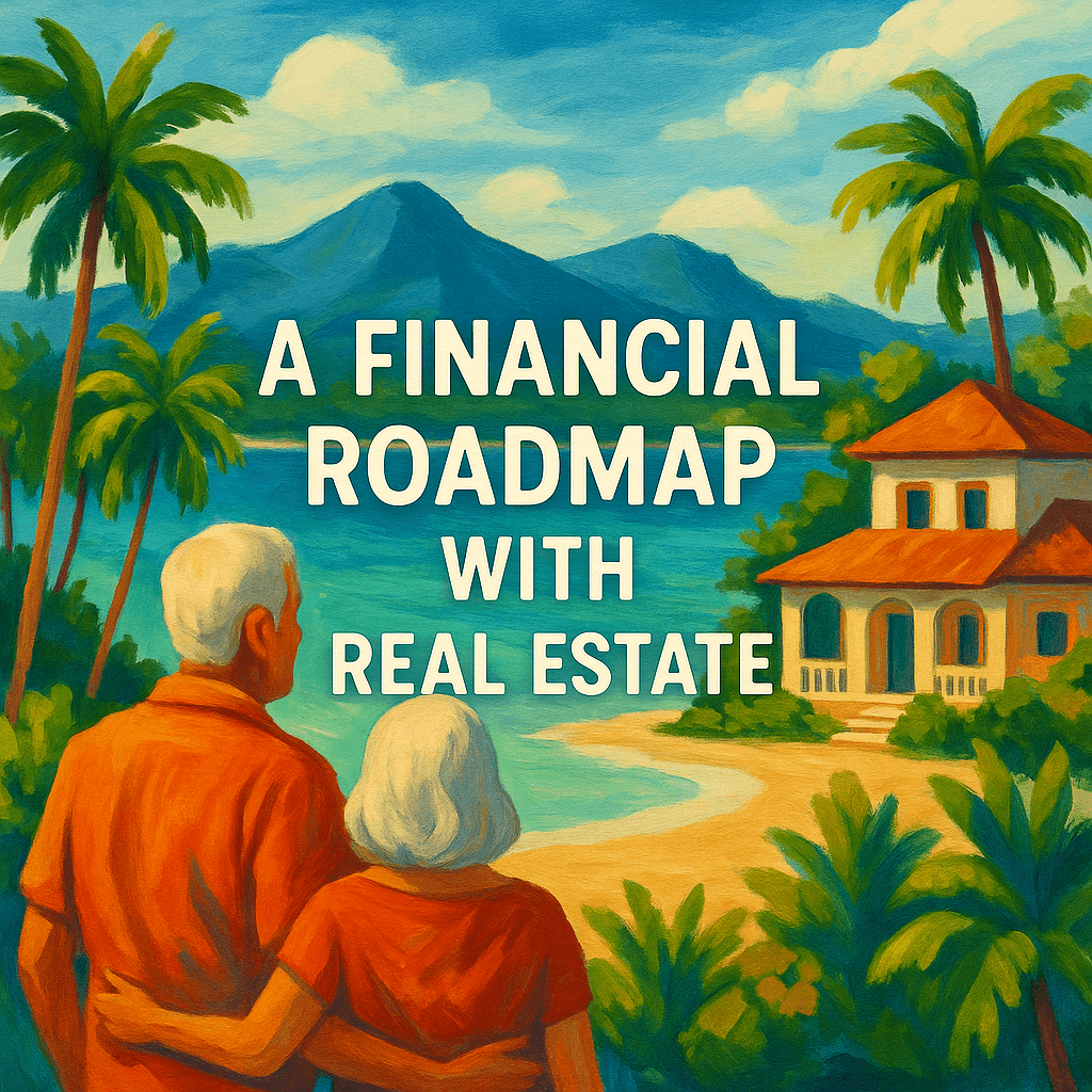 llustration eines tropischen Strandes in der Dominikanischen Republik mit einer stilisierten Villa, einer Palme und einem klaren blauen Himmel. In der Bildmitte befindet sich ein beiger Textblock mit dem Titel: ‘Retiring in the DR: A Financial Roadmap with Real Estate Income’ in dunkelblauer Schrift. Zwei Vögel fliegen am Himmel, das Gesamtbild vermittelt Ruhe und tropische Lebensqualität.“