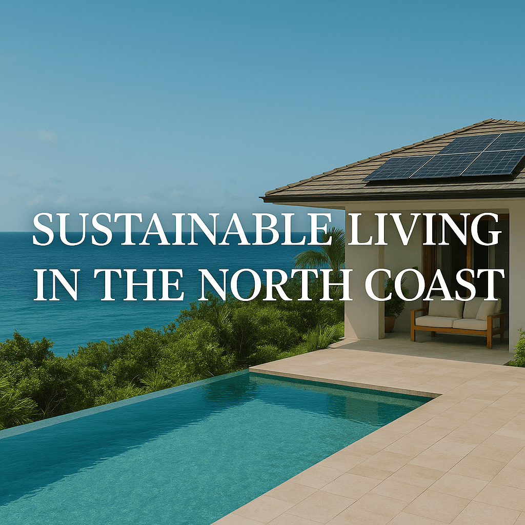 Modern tropical eco-villa with solar panels on the roof, surrounded by palm trees – symbolic image for sustainable real estate in the Dominican Republic. InStyle Investments blog about eco-friendly real estate and energy-efficient construction.